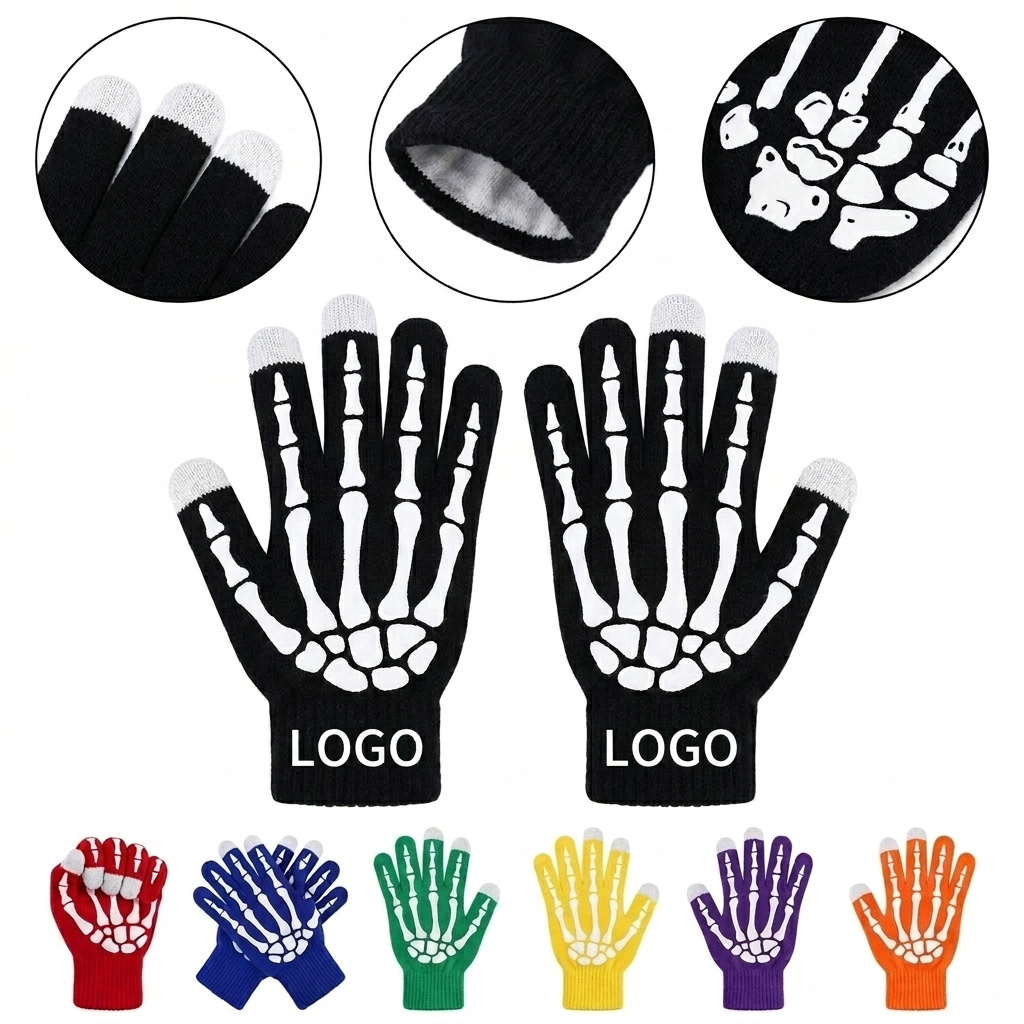 Touchscreen Knit Gloves with Skeleton Print