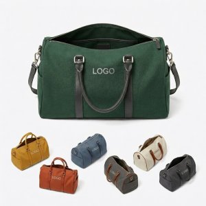 Durable Canvas & PU Leather Multi-Pocket Travel Duffel Bag with Adjustable Strap